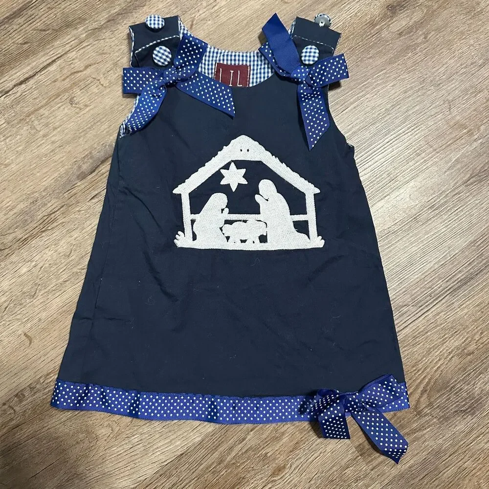 Lil Cactus Baby Girls 6-12 Months Nativity Dress Christmas Smock Holiday Blue